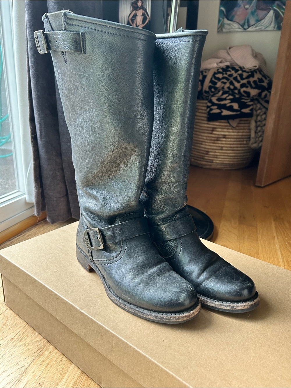 Frye Black Leather Knee-High Moto Boots